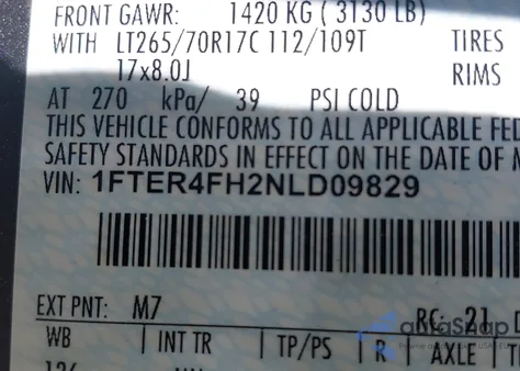 2022 Ford Ranger Lariat из США, поврежденный, VIN 1FTER4FH2NLD09829